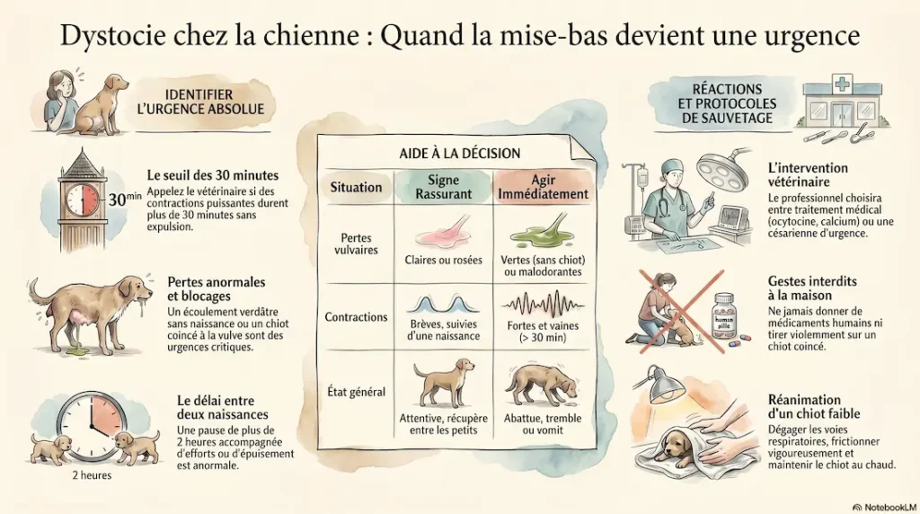 Infographie sur les signes d’urgence de la dystocie chez la chienne, avec aide à la décision et conduite à tenir.
