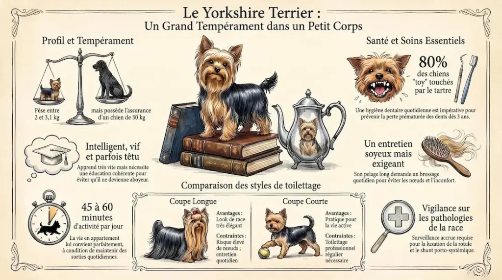 Infographie sur le tempérament du Yorkshire terrier, son profil, ses soins essentiels et ses styles de toilettage.