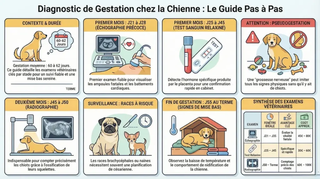 Infographie de la chronologie des examens de diagnostic de gestation chez la chienne avec échographie test sanguin et radiographie