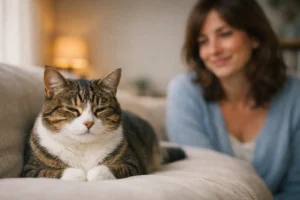 Chat tigré et blanc aux yeux mi-clos sur un canapé, illustration du clin d’œil lent du chat