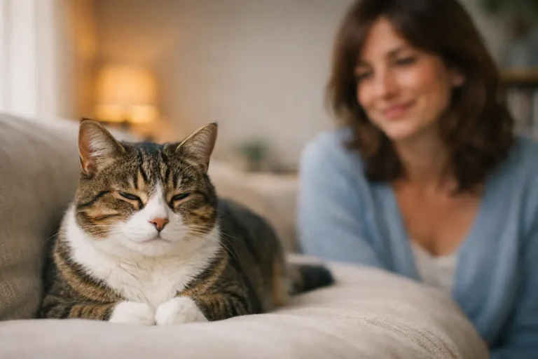 Chat tigré et blanc aux yeux mi-clos sur un canapé, illustration du clin d’œil lent du chat