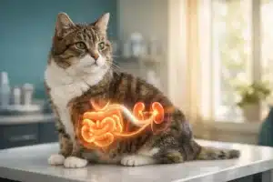 Chat avec illustration de l’axe intestin rein montrant le système digestif et les reins