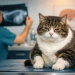 Chat en surpoids sur une table d’examen en clinique vétérinaire, illustration de la lipidose hépatique chez le chat.