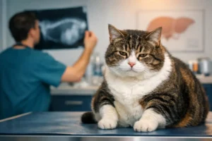 Chat en surpoids sur une table d’examen en clinique vétérinaire, illustration de la lipidose hépatique chez le chat.