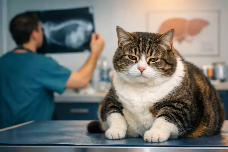 Chat en surpoids sur une table d’examen en clinique vétérinaire, illustration de la lipidose hépatique chez le chat.