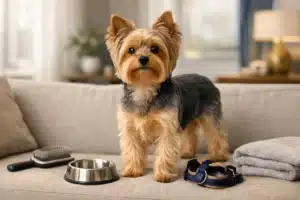 Yorkshire terrier debout sur un canapé dans un salon, avec gamelle, brosse, collier et serviettes.