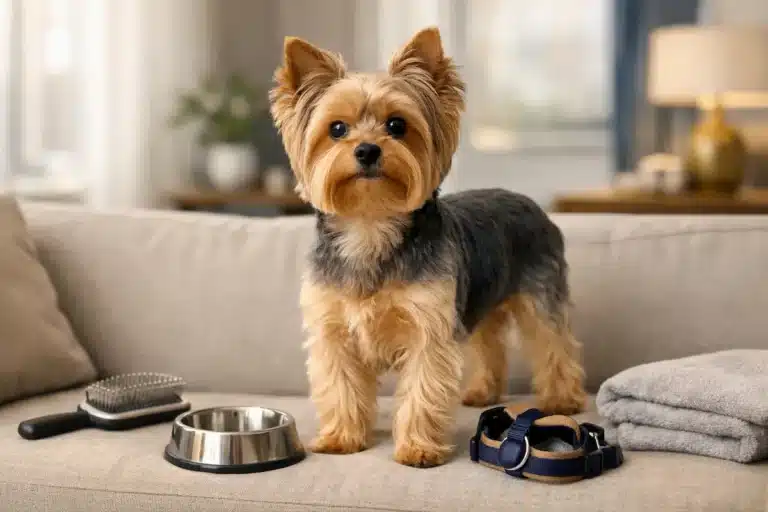 Yorkshire terrier debout sur un canapé dans un salon, avec gamelle, brosse, collier et serviettes.