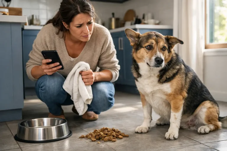 Chien assis près de croquettes vomies au sol avec sa propriétaire inquiète dans une cuisine.