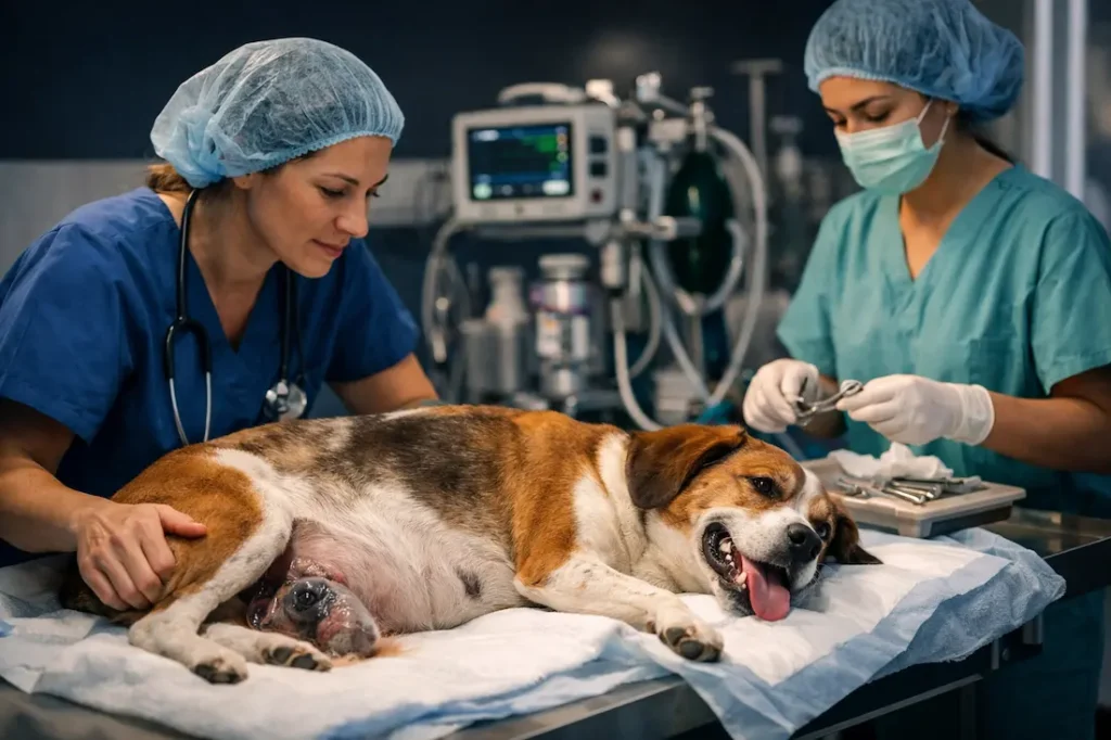 Chienne en clinique vétérinaire avec mise bas difficile et chiot engagé, prise en charge pour dystocie.