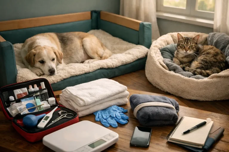 Préparation d’une mise bas à domicile avec matériel de soin, serviettes, balance, carnet et animaux au repos.