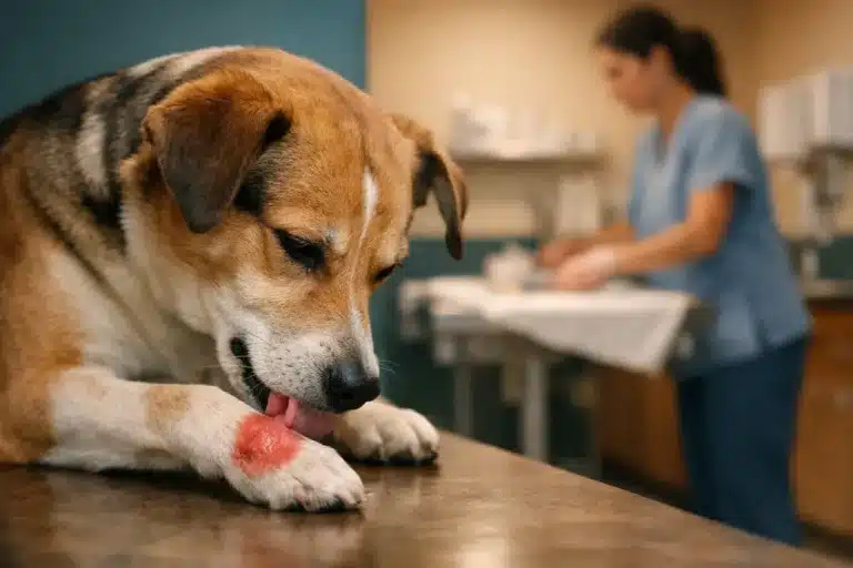 Chien léchant une plaie rouge sur la patte avant, compatible avec un granulome de léchage.