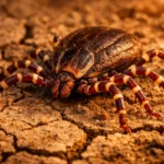 Tique géante Hyalomma marginatum sur sol sec vue en gros plan