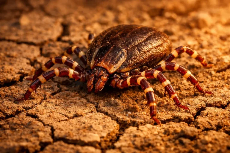 Tique géante Hyalomma marginatum sur sol sec vue en gros plan