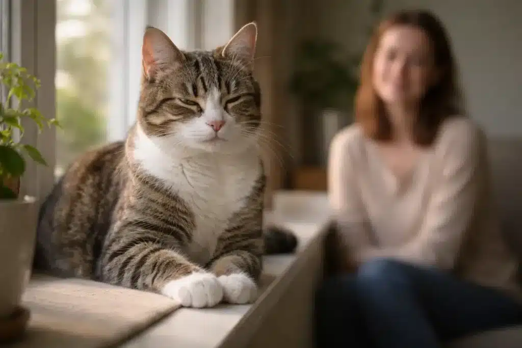 Chat tigré et blanc près d’une fenêtre, avec les yeux mi-clos, illustrant le clignement lent du chat