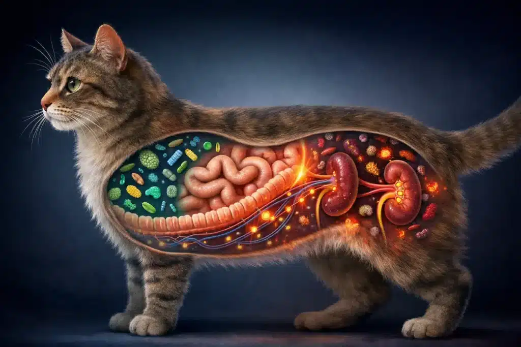 Illustration de l’axe intestin rein chez le chat avec microbiote intestinal et reins dans la prévention IRC