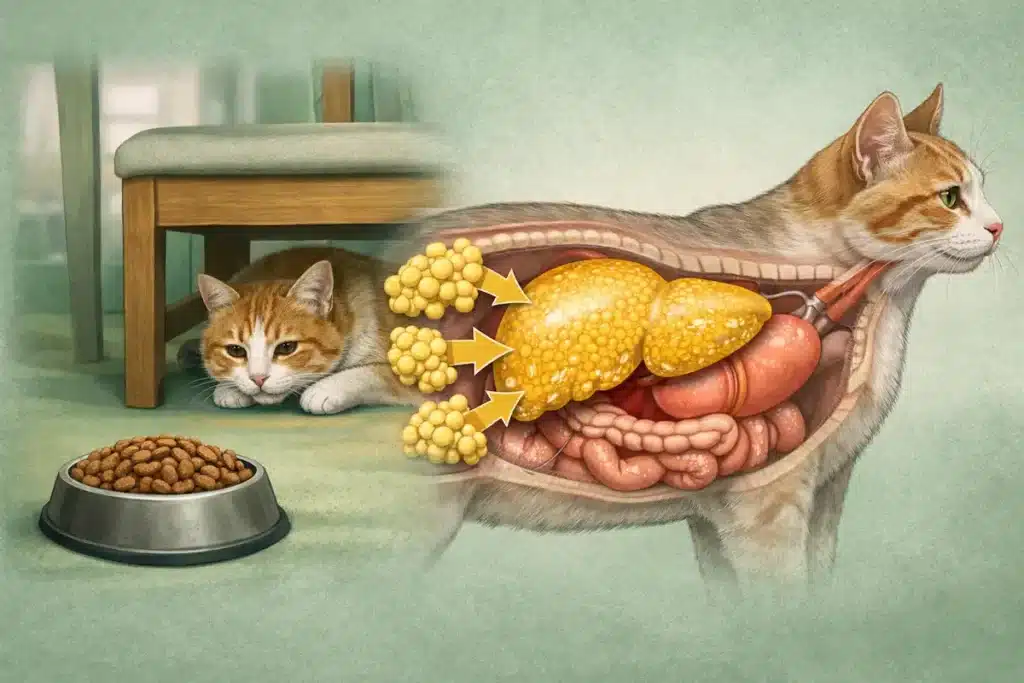 Illustration de stéatose hépatique chez un chat avec foie graisseux, amas graisseux et baisse d’appétit.