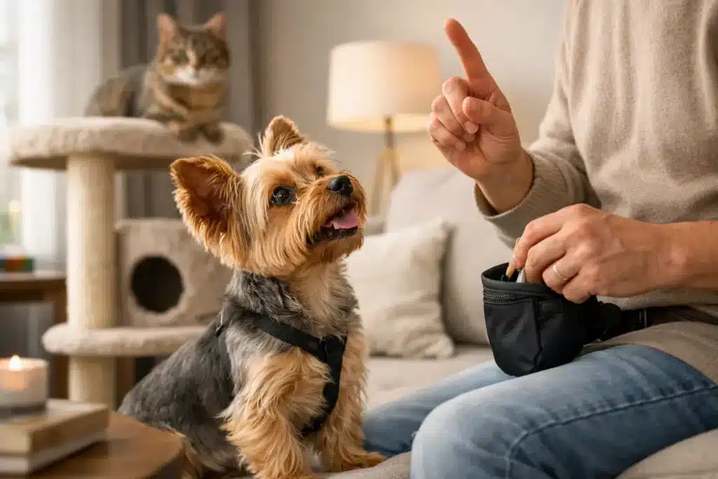 Éducation du Yorkshire terrier à la maison avec récompense et consigne gestuelle.