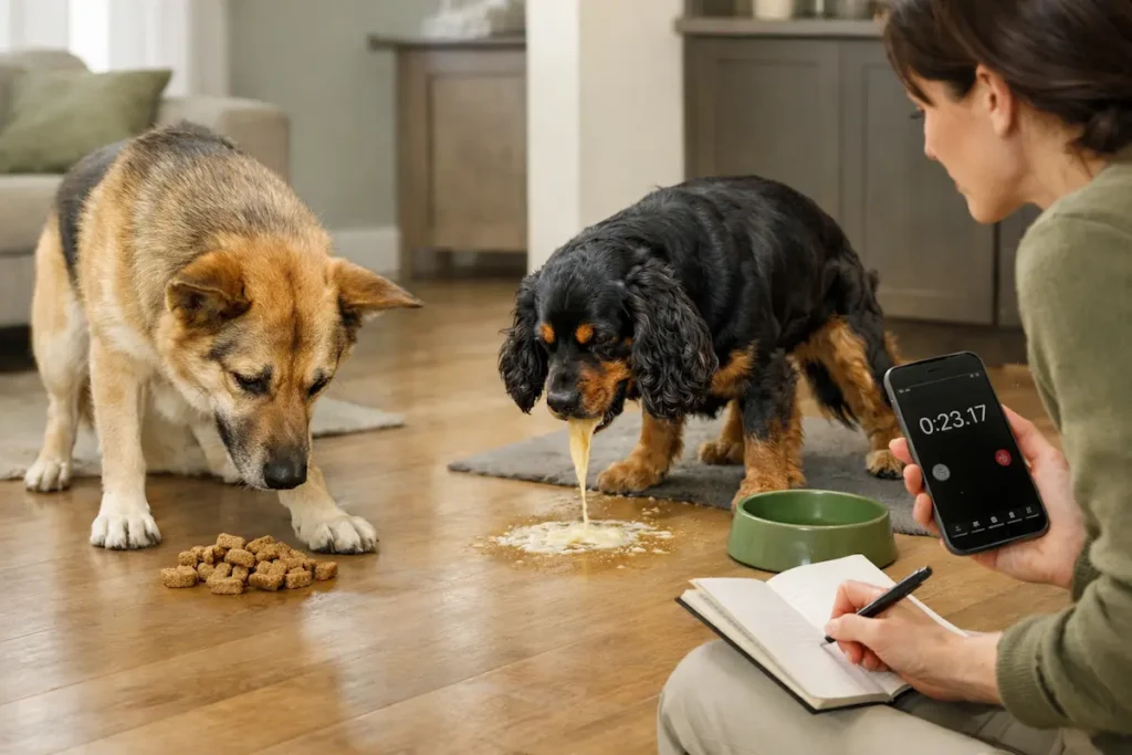 Chien en train de vomir un liquide jaunâtre au sol pendant qu’une personne observe et note les symptômes.