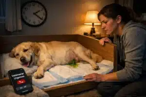 Chienne couchée sur un lit de mise bas avec écoulement vert et appel au vétérinaire d’urgence: dystocie chez la chienne