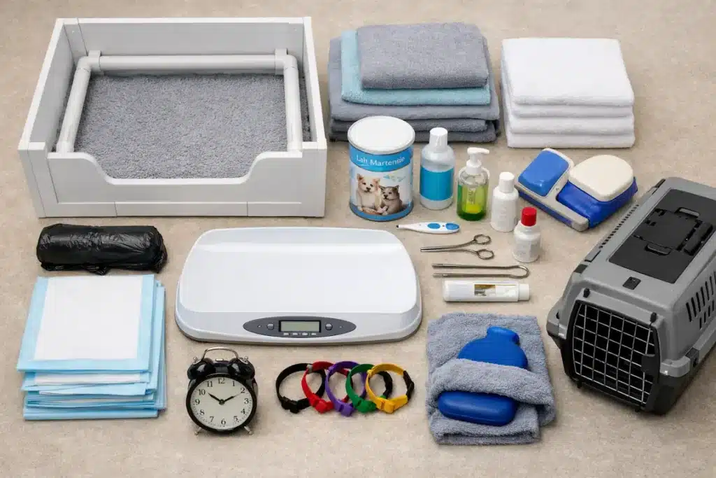 Matériel pour mise bas à domicile avec caisse, serviettes, balance, thermomètre, désinfectants et caisse de transport.