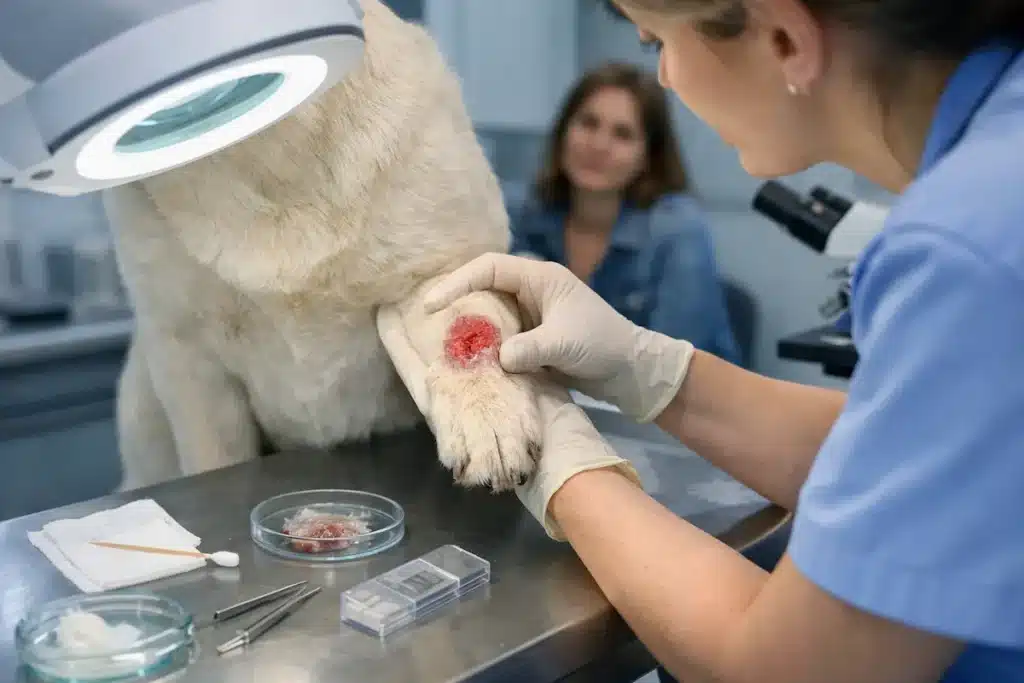 Examen vétérinaire d’une lésion cutanée sur la patte du chien pour diagnostic de granulome de léchage.