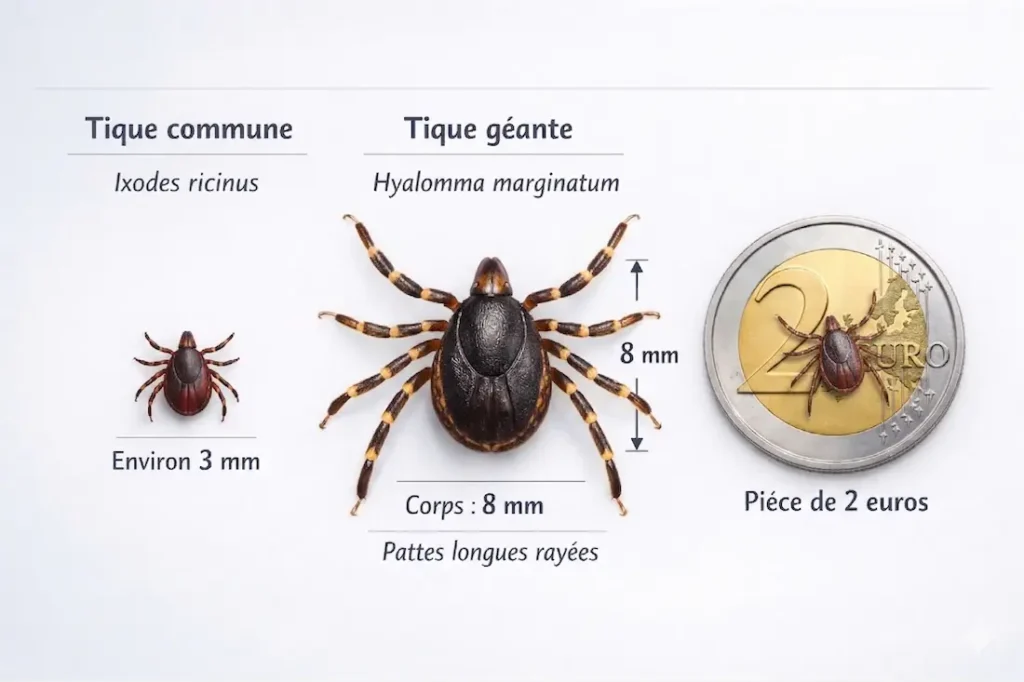 Comparaison tique Ixodes ricinus et tique géante Hyalomma marginatum avec différences de taille
