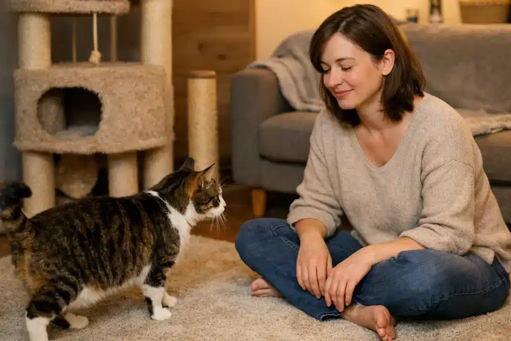 Femme assise au sol face à un chat tigré dans un salon, illustration du langage du clin d’œil lent du chat