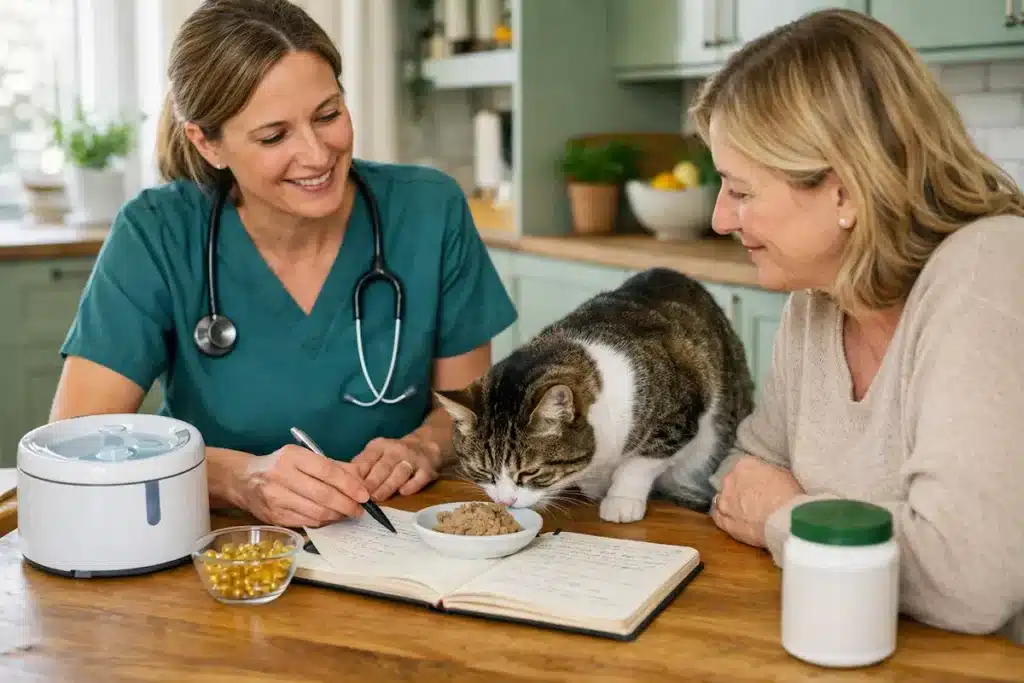 Vétérinaire en consultation avec un chat mangeant pendant discussion sur l’axe intestin rein