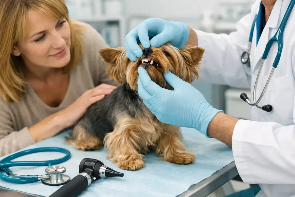 Examen dentaire d’un Yorkie en clinique vétérinaire avec contrôle des dents par le vétérinaire.