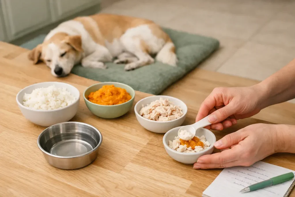 Préparation d’un régime pour vomissement chez le chien avec petites portions de riz, viande blanche et purée.