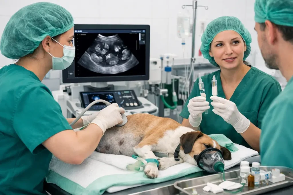 Examens vétérinaires avant mise bas chez une chienne avec échographie, perfusion et équipe soignante en clinique.