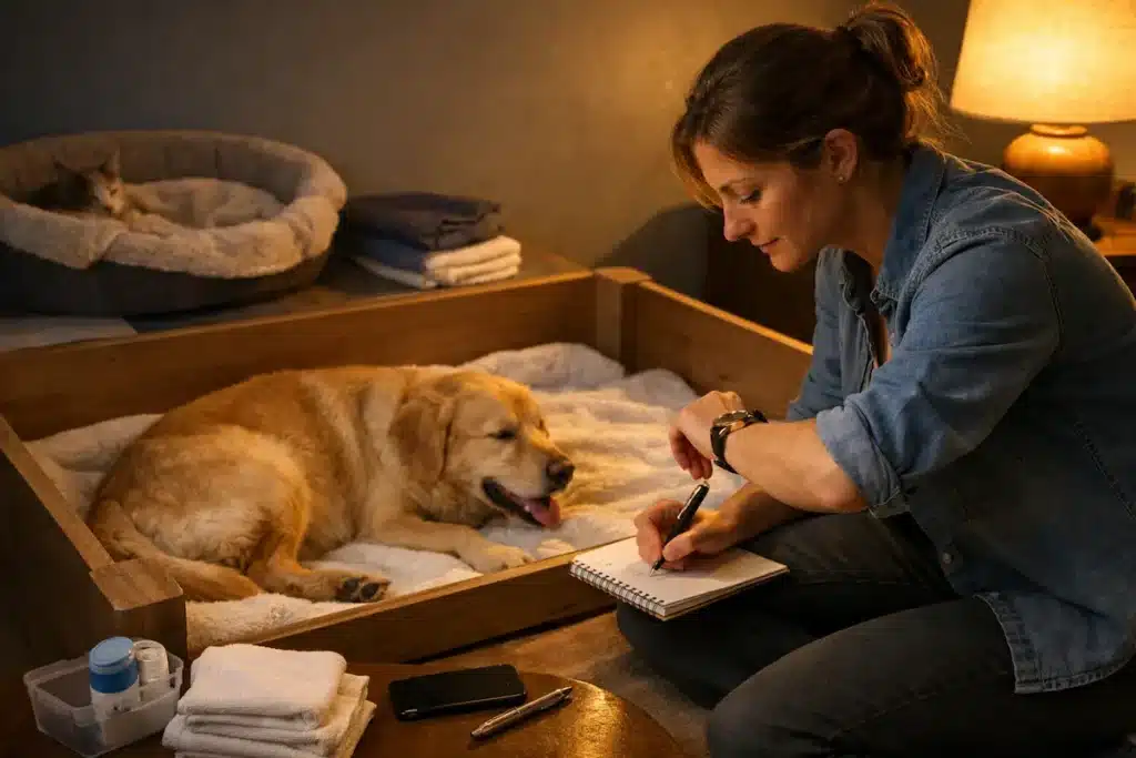 Surveillance du timing de la mise bas chez une chienne à domicile avec prise de notes et suivi de l’heure.