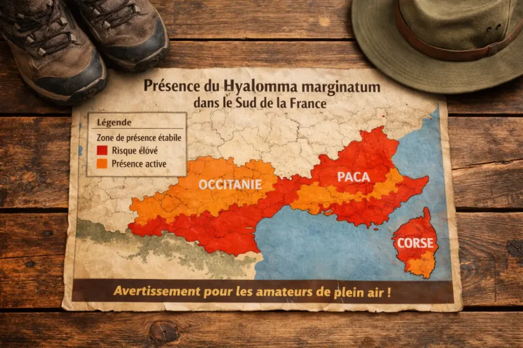 Carte de répartition en France de la tique Hyalomma marginatum avec zones à risque dans le sud