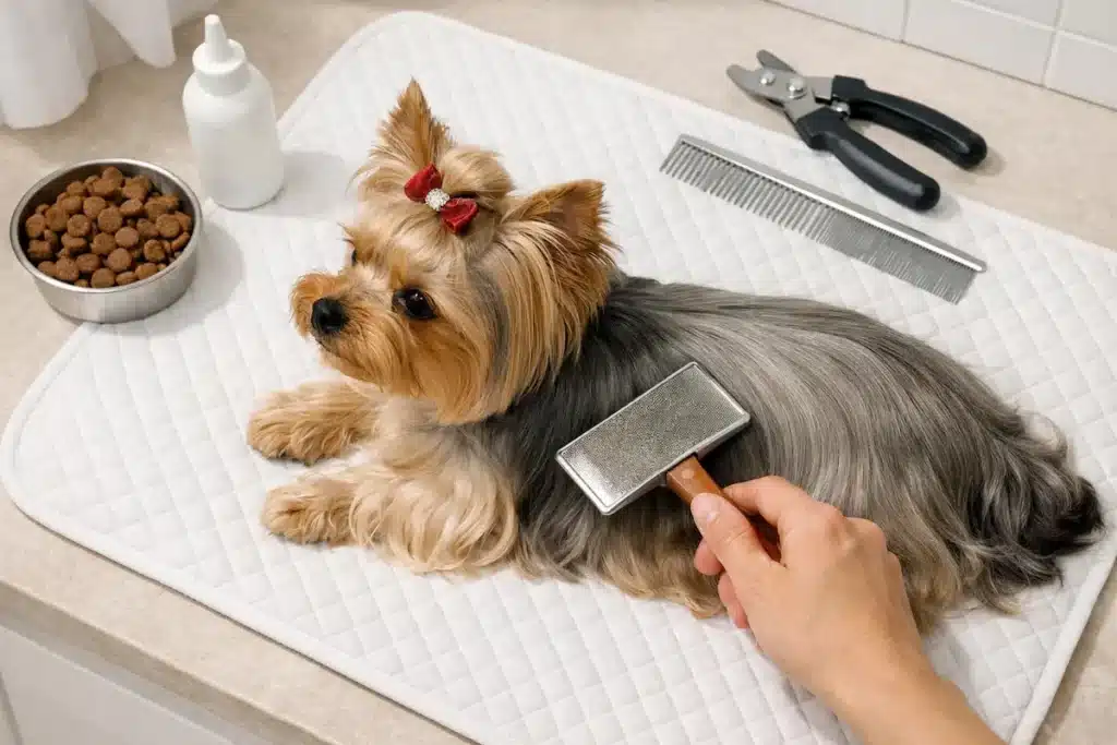 Toilettage d’un Yorkshire terrier avec brossage du pelage sur un tapis de soin.