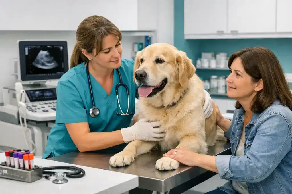 Consultation vétérinaire pour un chien avec vomissement en clinique, avec examen et propriétaire présente.