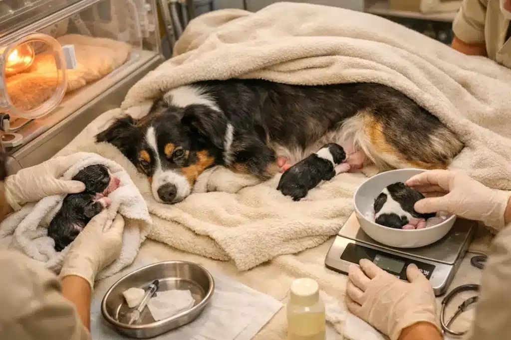 Prise en charge des chiots lors de la mise bas avec soins néonataux, séchage et pesée en présence de la mère.