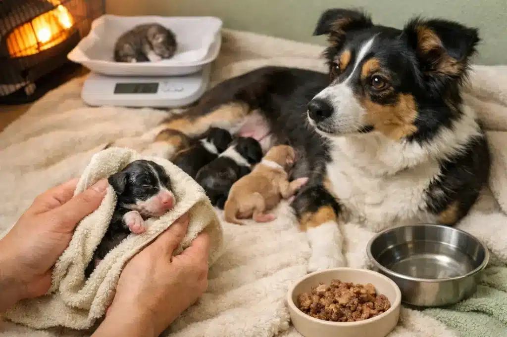 Chienne calme après mise bas avec ses chiots, soins au nouveau-né et surveillance du poids.