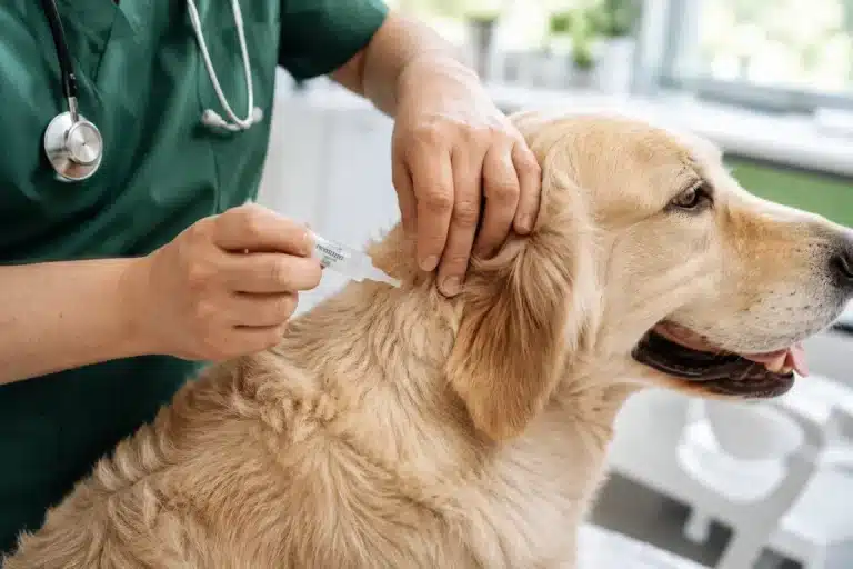 Application antiparasitaire externe chez un chien avec pipette sur la peau au niveau du cou.