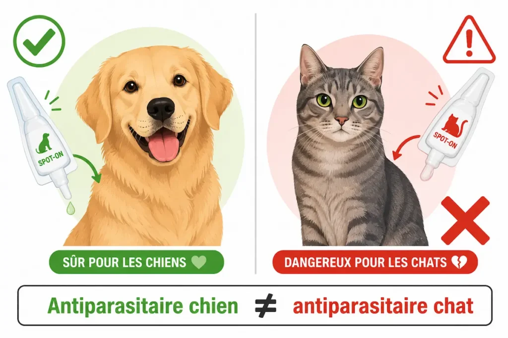 Infographie montrant la différence entre antiparasitaire externe chien et chat avec produit spot-on sûr pour chien et dangereux pour chat.