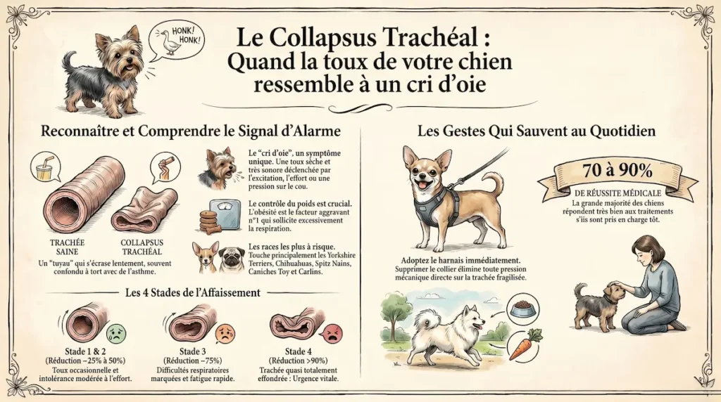 Infographie sur le collapsus trachéal chez le chien expliquant symptômes, stades et gestes à adopter au quotidien
