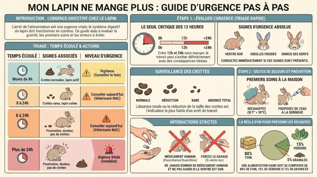 Infographie guide d’urgence lapin qui ne mange plus avec triage, signes d’urgence, surveillance des crottes et gestes de secours.