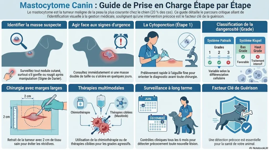 Infographie sur la prise en charge du mastocytome canin avec étapes du diagnostic, chirurgie et traitements.