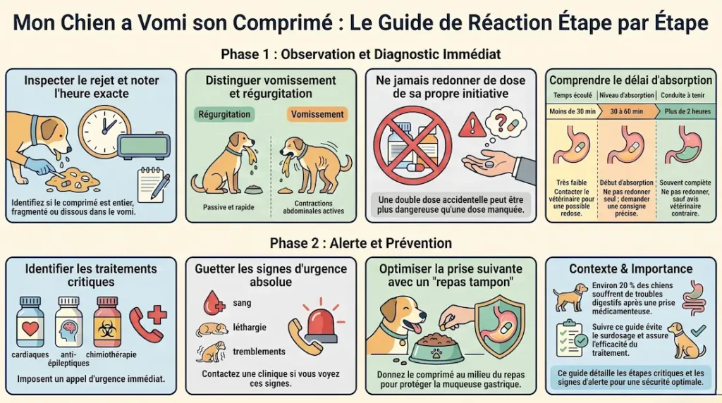 Infographie guide réactions après qu’un chien a vomi son comprimé avec étapes d’observation, diagnostic et prévention.