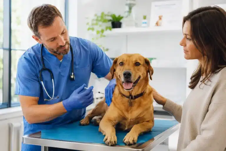 Vaccination du chien chez le vétérinaire avec injection sur table d’examen et propriétaire présent.