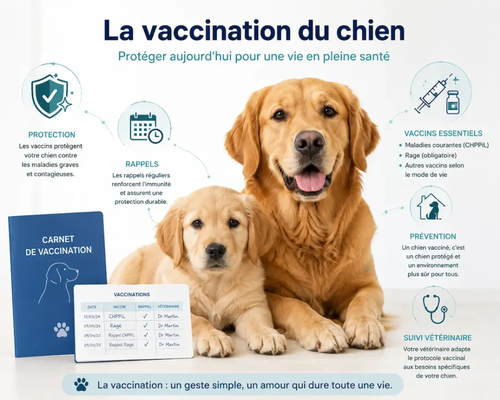 Infographie sur les intérêts de la vaccination du chien avec chiot, chien adulte et carnet de vaccination.