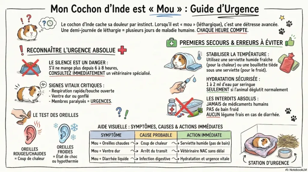 Infographie guide d’urgence cochon d’Inde mou avec symptômes critiques, gestes de premiers secours et erreurs à éviter.