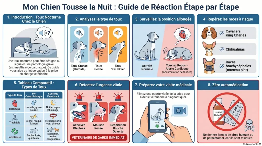 Infographie chien qui tousse la nuit avec types de toux, signes d’urgence et conseils de réaction.