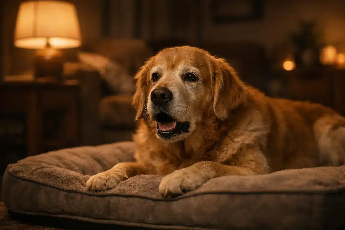 Chien qui tousse la nuit allongé dans son panier à la maison.