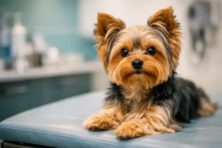 Petit chien type Yorkshire sur table de consultation vétérinaire, illustration possible du collapsus trachéal chez le chien.