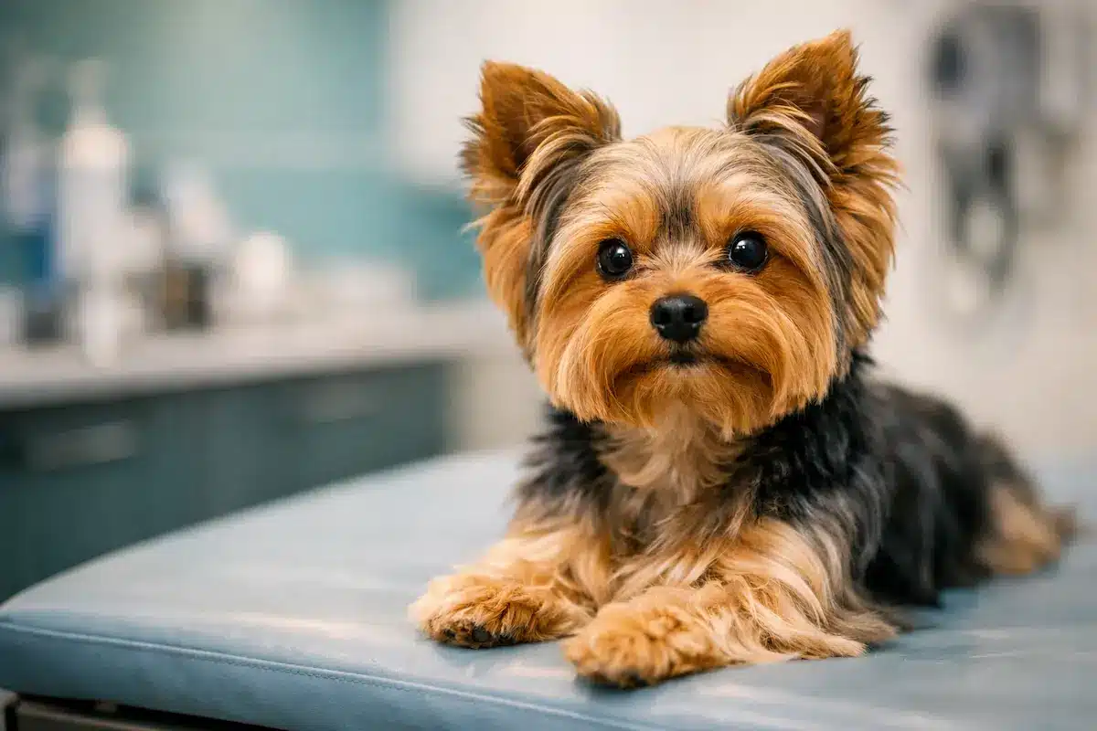 Petit chien type Yorkshire sur table de consultation vétérinaire, illustration possible du collapsus trachéal chez le chien.